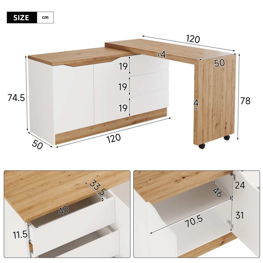Scrivania pieghevole multifunzionale con 2 ante, 3 cassetti e ruote frenanti, per studio, bianco e rovere 120 × 50 × 78 cm