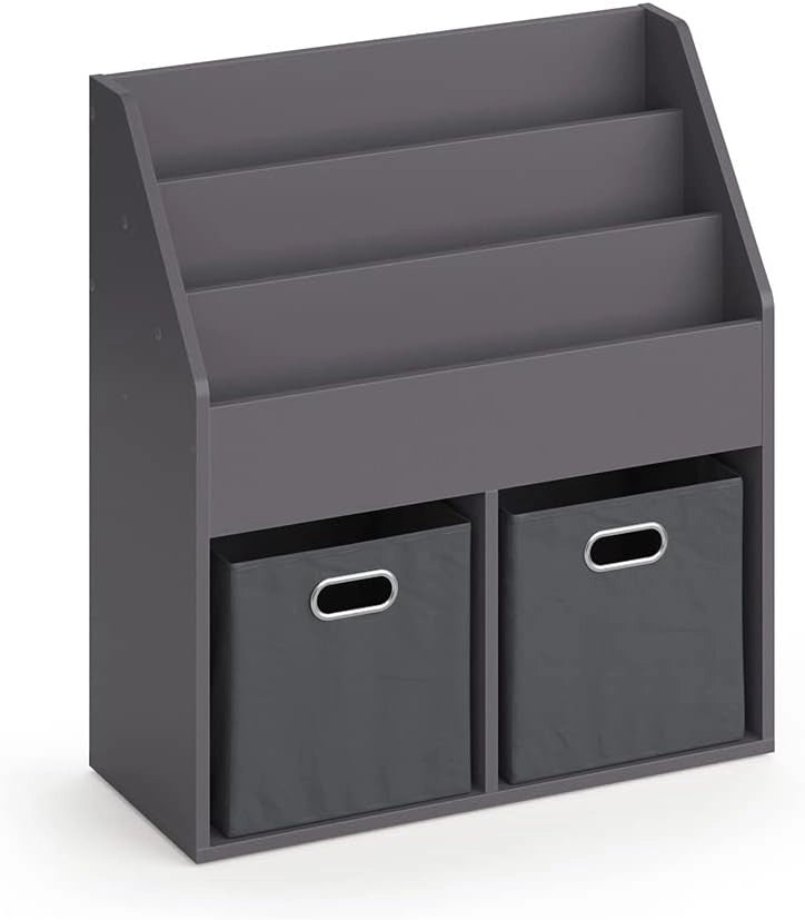 Libreria bambini Luigi, Grigio, 72 x 79 cm con 2 scatole pieghevoli opt.1, combinabile per riporre libri e giocattoli