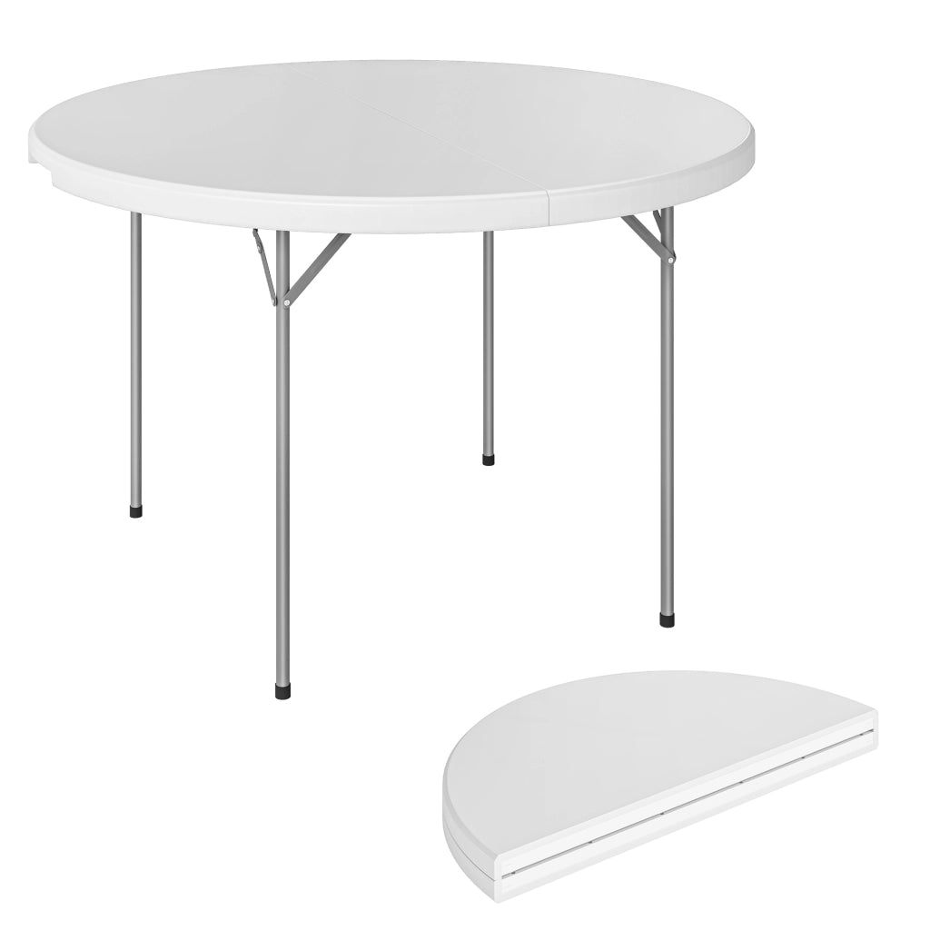 Tavolo da Campeggio Pieghevole Rotondo in Metallo e HDPE, 120x120x74 cm, Bianco