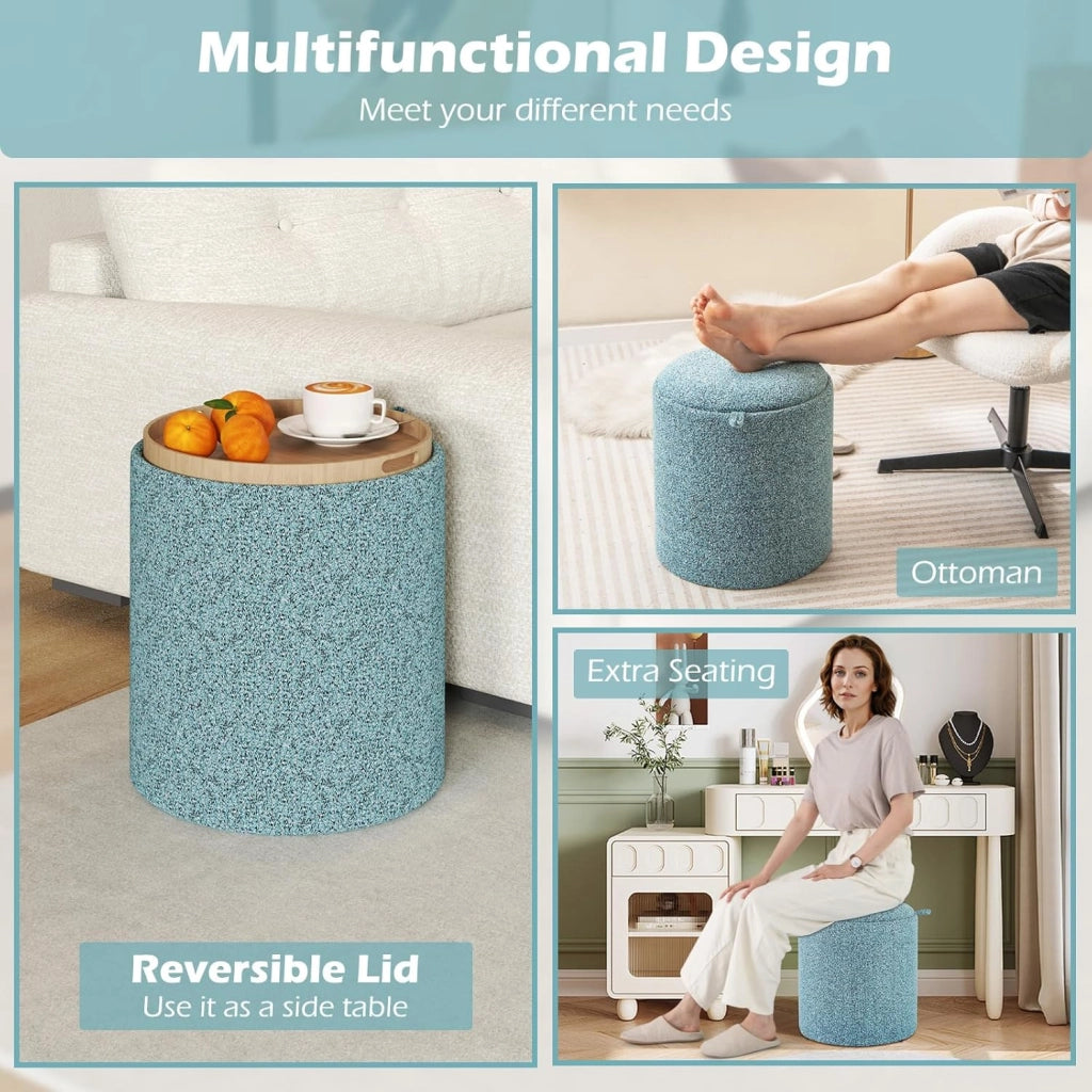Set di 2 pouf con vano portaoggetti, sgabello rotondo con vassoio/coperchio reversibile, pouf imbottito in tessuto, poggiapiedi con manici laterali, sgabello multifunzione blu cielo