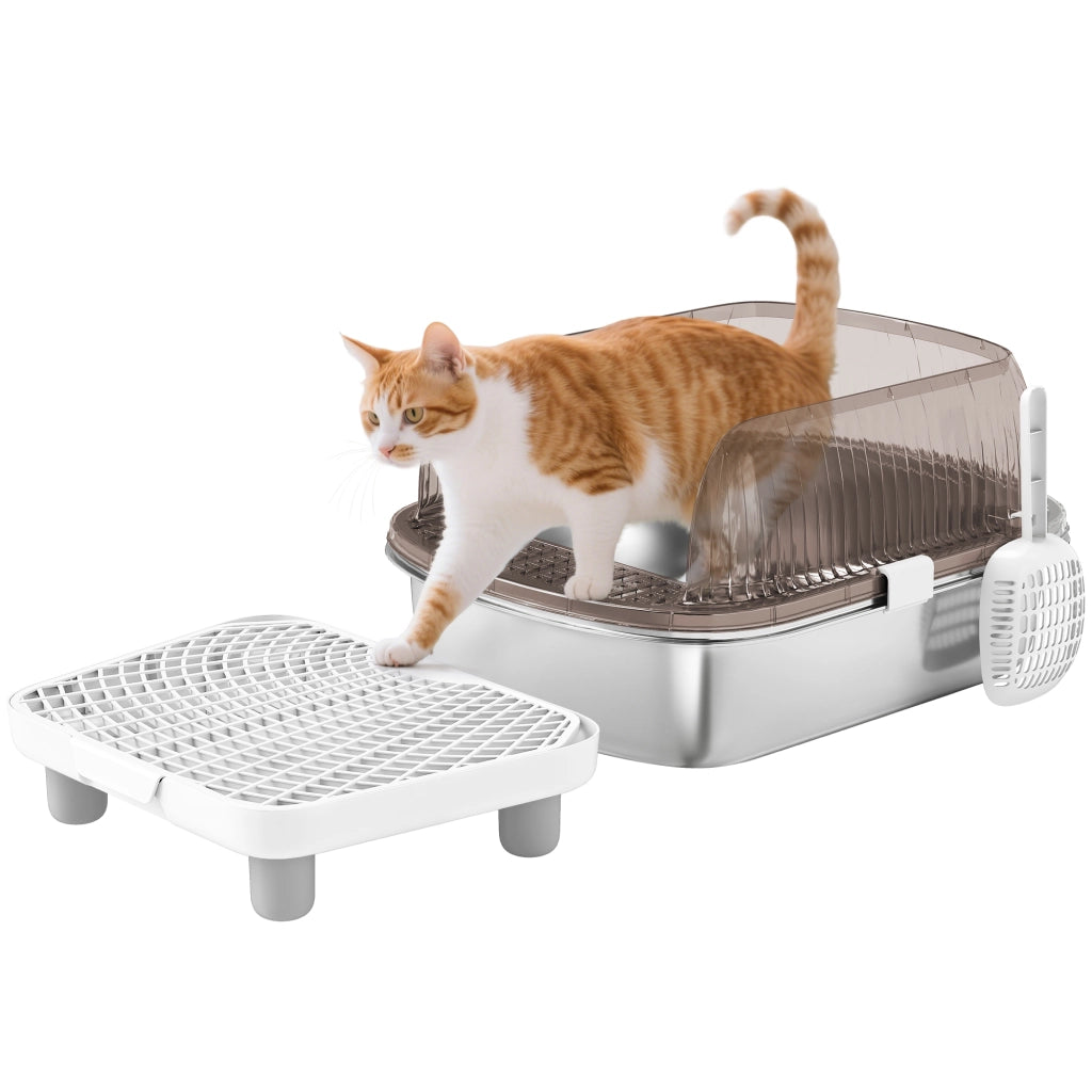 Arenero per Gatti Coperto con Vassoio in Acciaio Inossidabile ¨C Zephmum ¨C Grigio