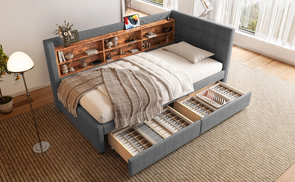 DESMIU Letto singolo 90 × 200 cm con 2 cassetti, USB, Type-C e ripiani, senza materasso, in lino, grigio