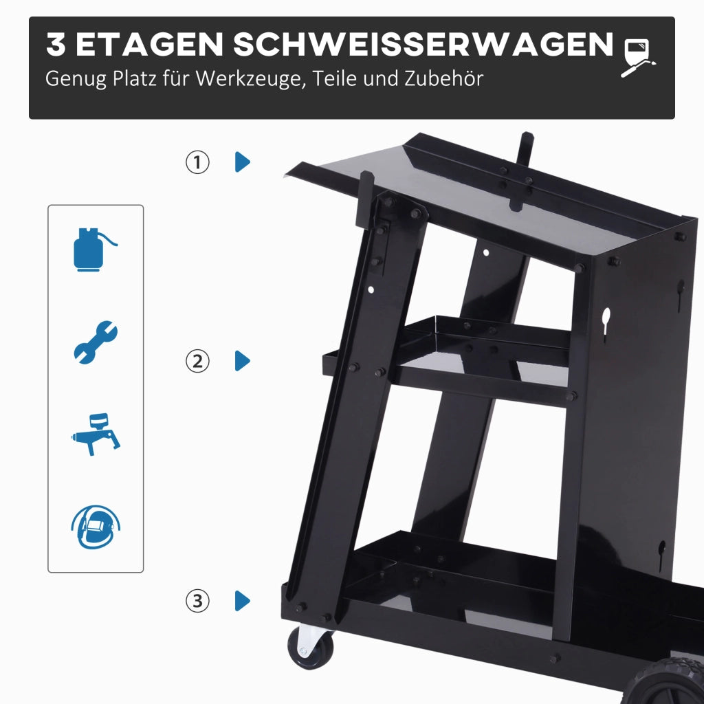 Carrello per saldatura con 3 ripiani e 4 ruote ¨C zephmum ¨C Nero, Acciaio, 71x39x70cm