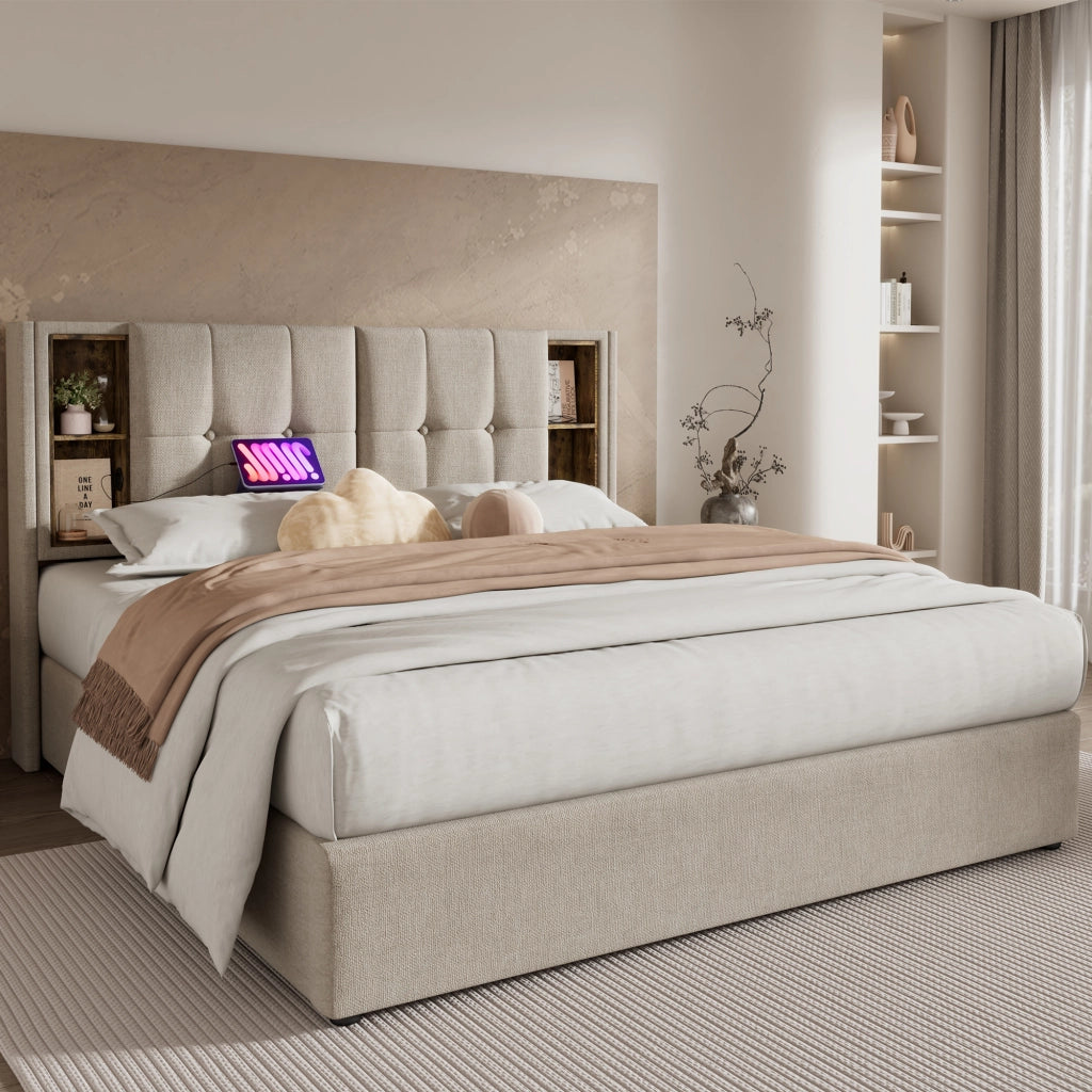 OKWISH Letto contenitore 140×200 cm, Letto Matrimoniale con Ricarica Wireless, USB, Type C e 4 Vani, senza Materasso, Lino Naturale