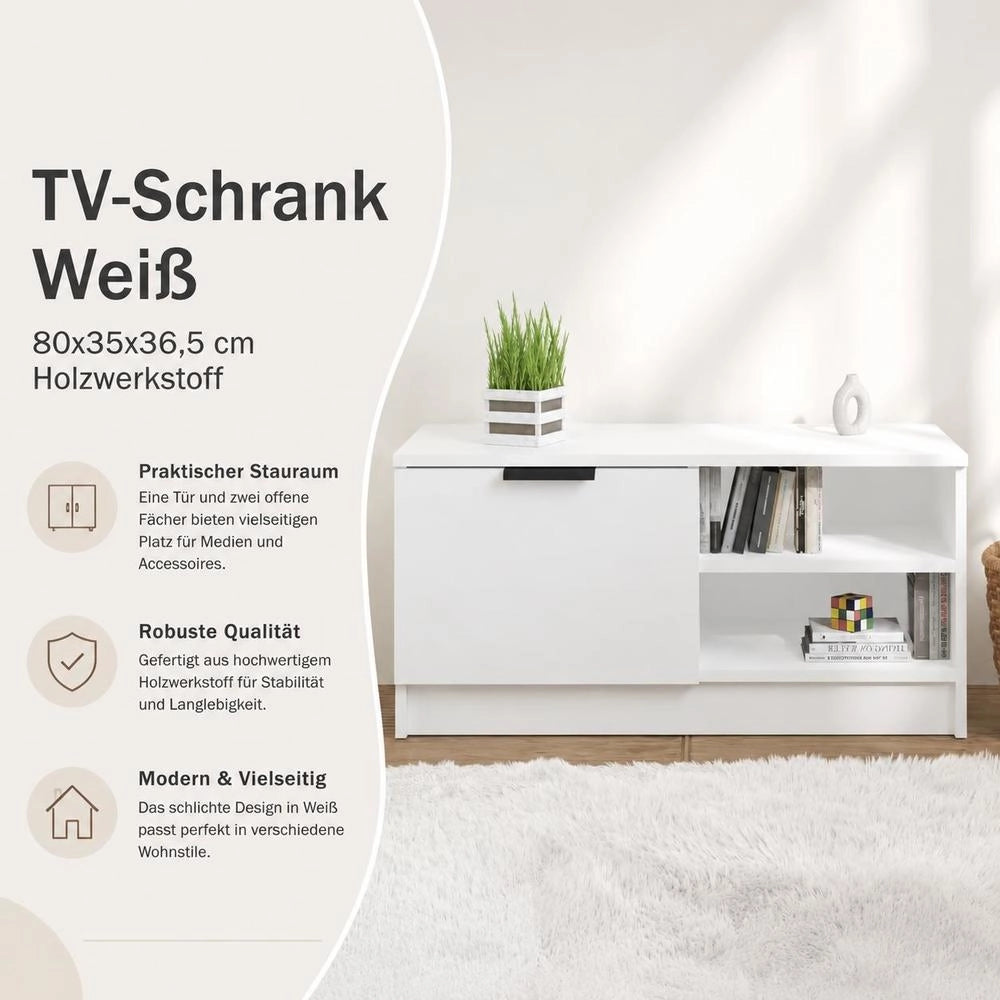 TV Cabinet, White, 80x35x36.5 Cm, Wood-based Material
