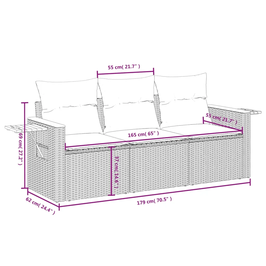 Set Divani da Giardino 3 pz con Cuscini in Polyrattan Nero 3258996