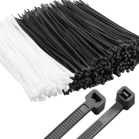 Cinturini per cavi da 1100 pezzi - cinture in nylon autoadesivi extra lunghe 300 mm x 48 mm nere e bianche resistenti ai raggi UV con doppia dentatura.