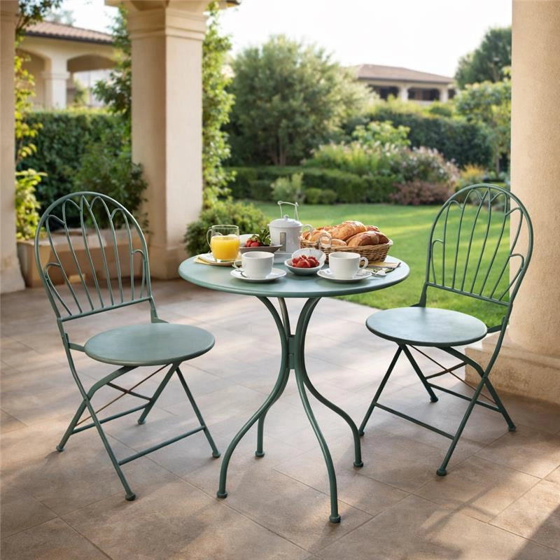 SET DA GIARDINO CON 1 TAVOLO E DUE SEDIE IN METALLO COLORE VERDE