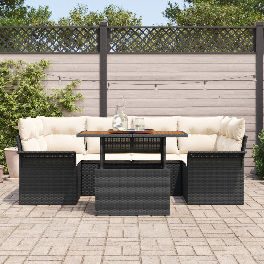 Set divani giardino con cuscini da 7 pezzi Rattan Poli Acacia Nero