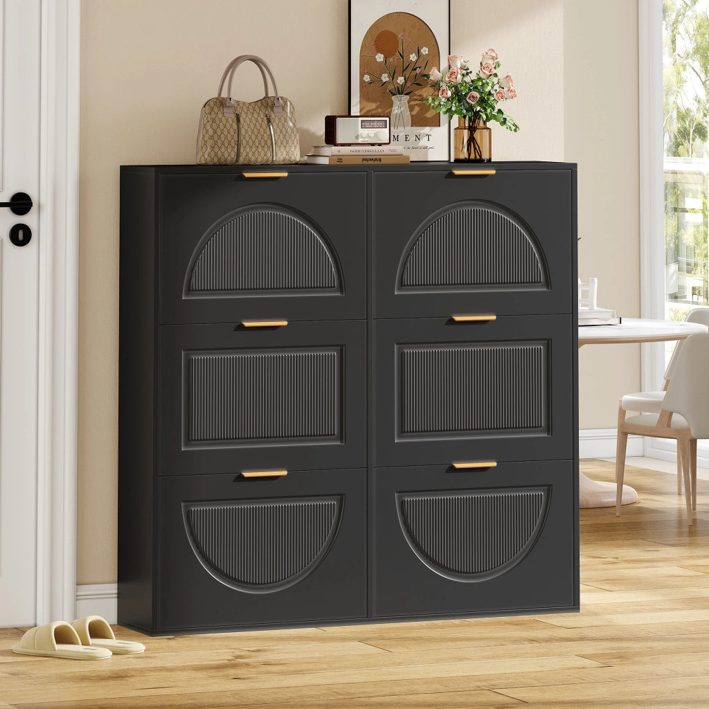 OKWISH Scarpiera con 6 Ribalte e Ripiani Aperti, Ripiani Regolabili, per Ingresso, in MDF, Nero 118×25×115 cm