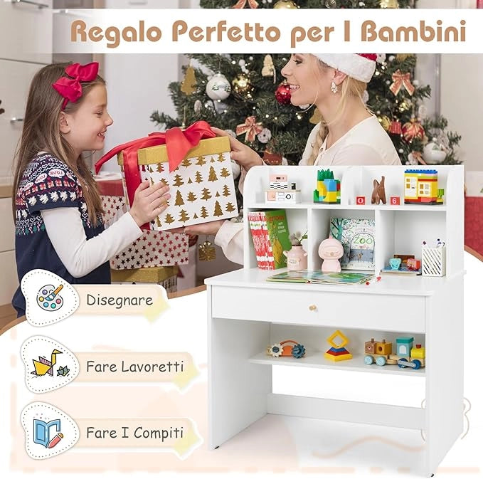 Scrivania in Legno 80 x 48 x 102 cm per Bambini 3+ Anni, Scrivania Cameretta Bambina con 5 Mensole, 1 Cassetto, Spazio di Lavoro e Angoli Arrotondati, Ideale per Studio e Disegno (Bianco)