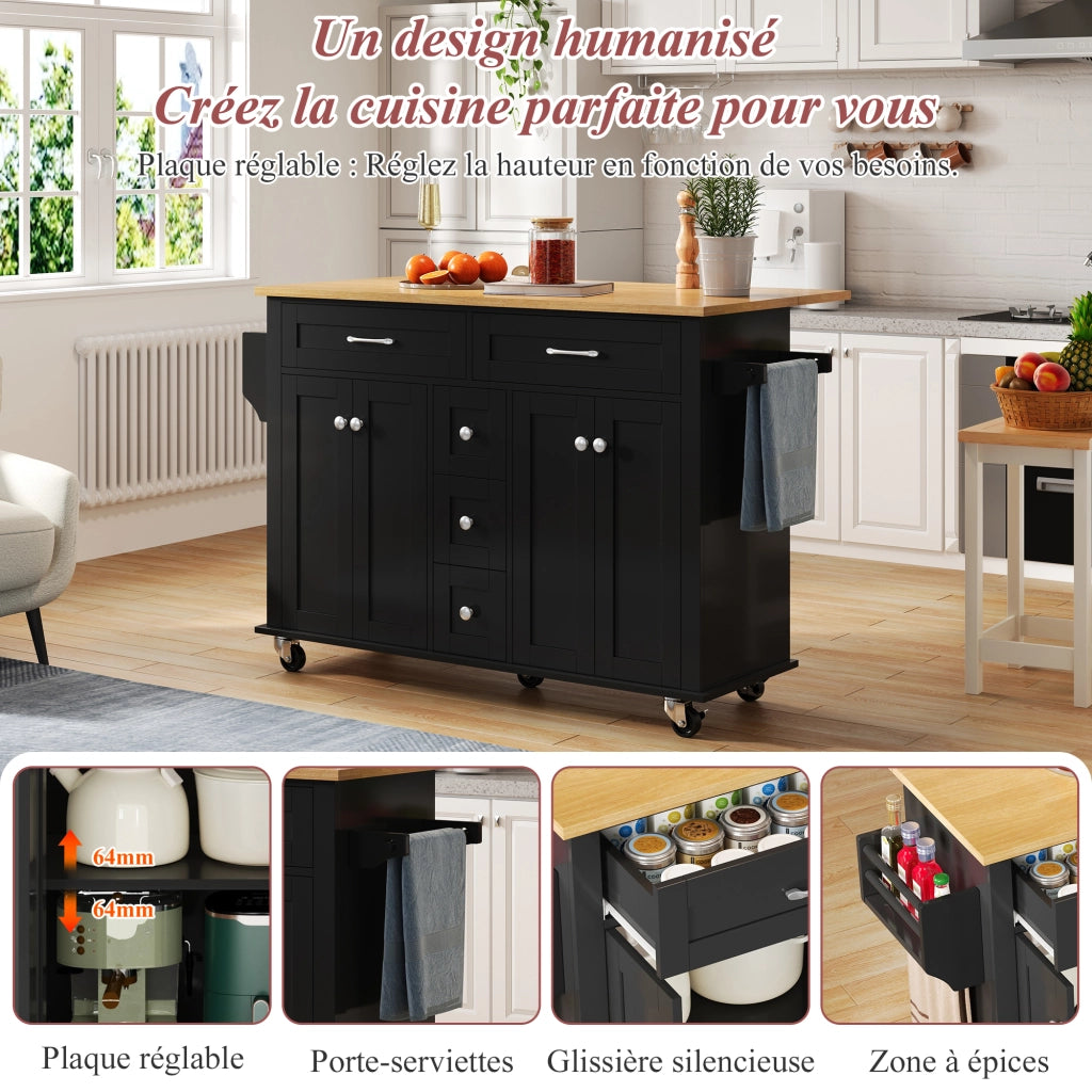 Carrello da Cucina con 5 Cassetti; 2 Armadietti; Piano Pieghevole e Ruote; MDF; Nero Naturale; 140 x 40 x 89 cm