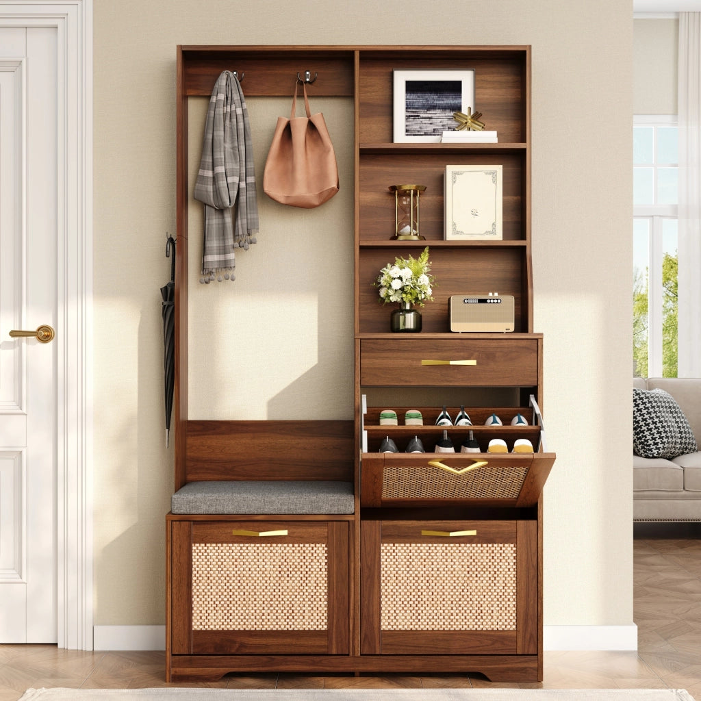 Mobili da ingresso con panca, 3 ante ribaltabili, cassetto, ripiani aperti e ganci, in MDF, noce, 100 × 30 × 170 cm