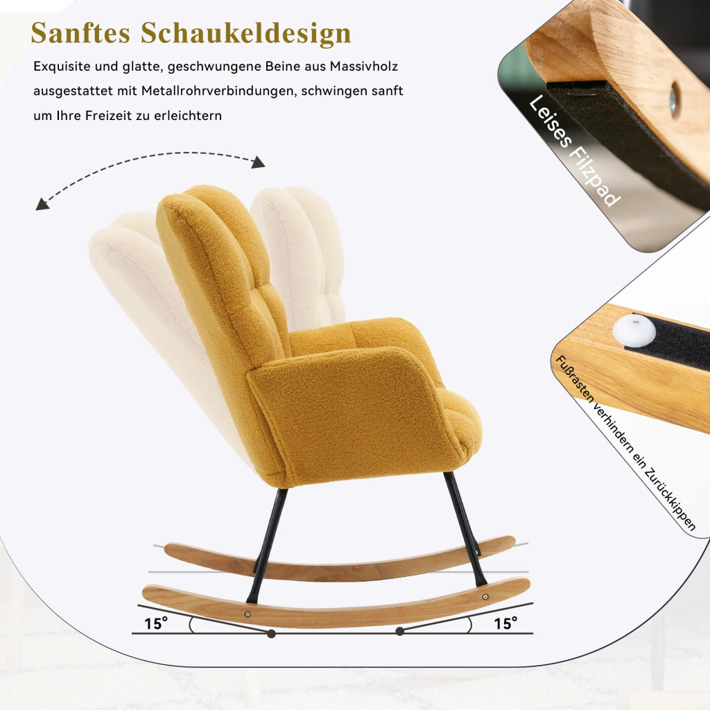 OKWISH Poltrona a Dondolo, Schienale Alto Ergonomico e Braccioli Imbottiti, Base in Legno e Metallo, Teddy Giallo 80 x 70 x 95 cm