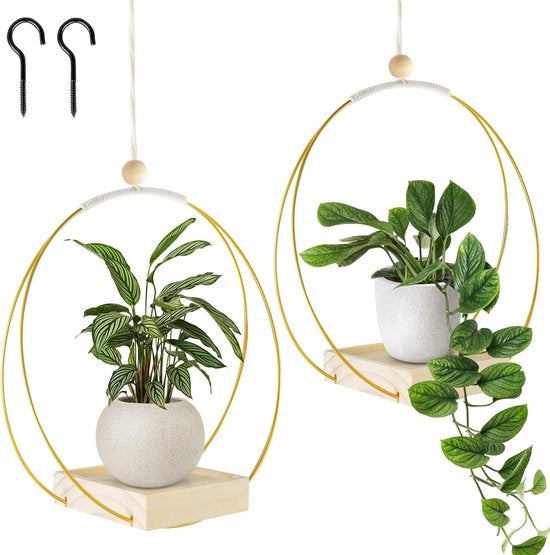 Pannelli per piante 2 in 1, con anello metallico e piede in legno, vaso per piante appeso, contenitore per fiori appeso, piantina per interno con anello di appoggio e piede in legno, contenitore per piante e fiori appeso (incluso chiodo da parete).