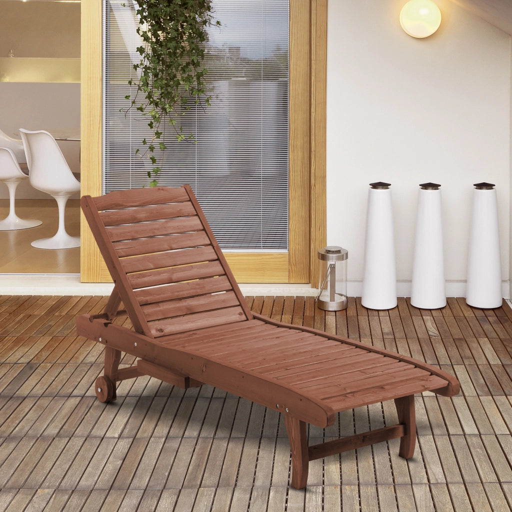 Lettino Prendisole in Legno di Abete con Schienale Regolabile a 3 Posizioni. Lettino Sdraio da Giardino con Ruote e Vassoio Estraibile. 182x60x35cm