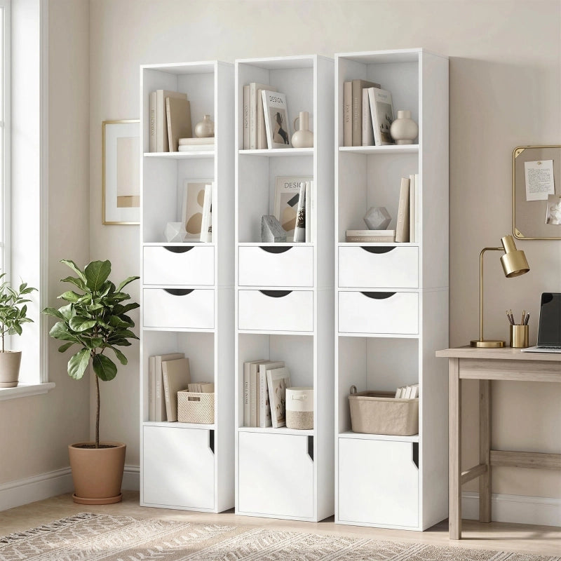 Libreria con 2 cassetti, libreria stretta con 3 ripiani a giorno, per ufficio, camera da letto, 30x24x158 cm, bianca