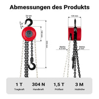 Paranco a catena manuale, max 1000 kg, con catena di 3 m, per sollevamento di carichi pesanti