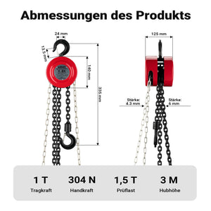 Paranco a catena manuale, max 1000 kg, con catena di 3 m, per sollevamento di carichi pesanti