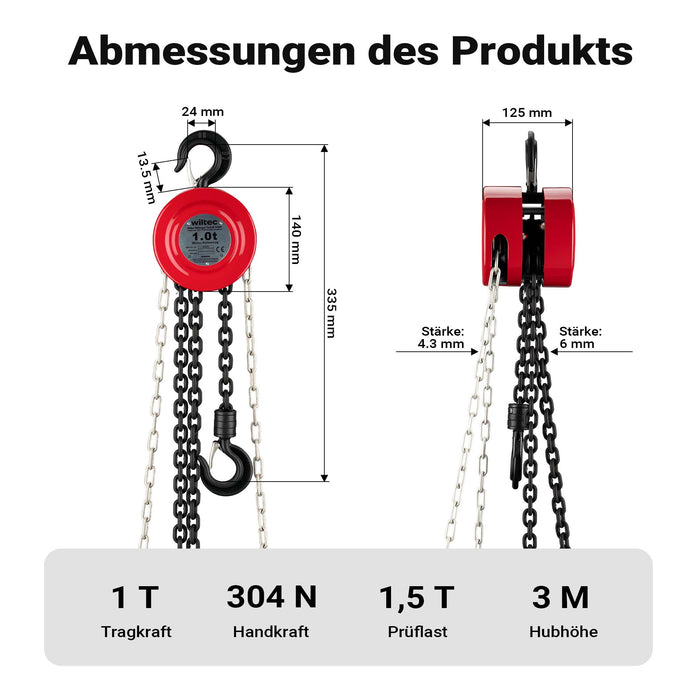 Paranco a catena manuale, max 1000 kg, con catena di 3 m, per sollevamento di carichi pesanti