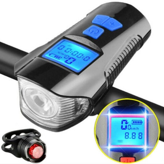 Lanterna per bicicletta da notte, lampo da sella, lampada da testa potente, impermeabile, ricaricabile via USB, con fischietto e tachimetro