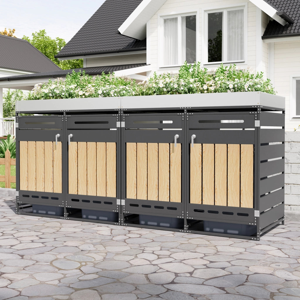 OKWISH Copribidoni 4 Scomparti con Fioriera, Ante con Serratura, Ventilazione, in Ferro Nero