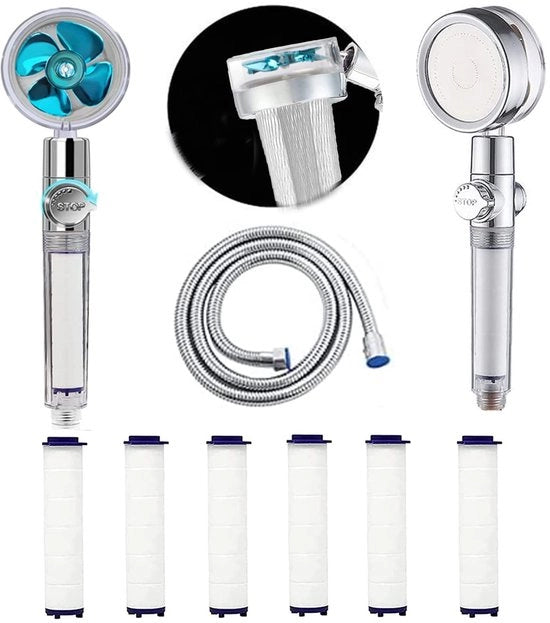Douchekop 360° rotativo ad alta pressione con 6 filtri e tubo 1,5M, douchekop idrofilo con funzione di risparmio d'acqua e aumento della pressione.