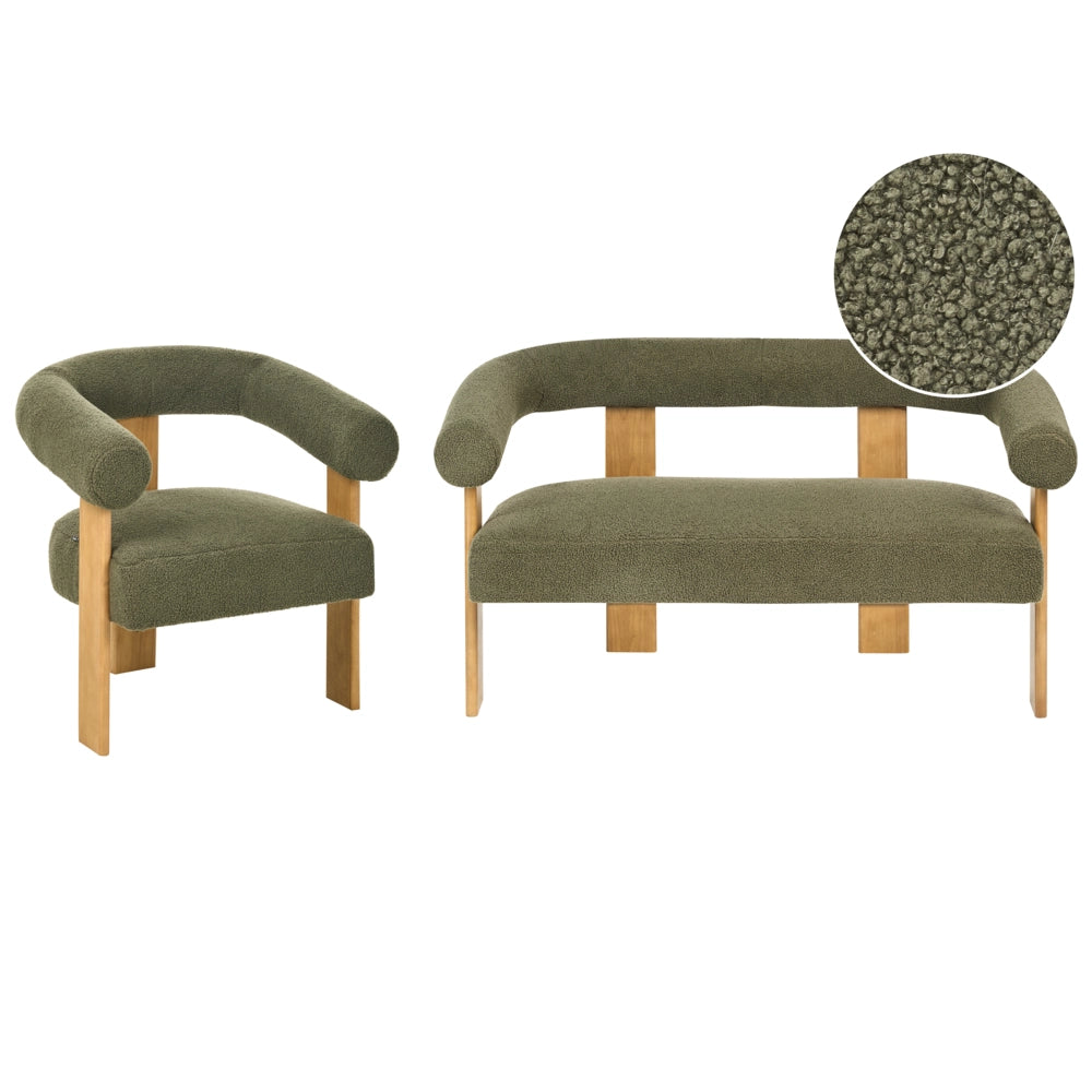 Set da salotto divano a 2 posti poltrona imbottita bouclé verde e marrone chiaro stile retrò soggiorno