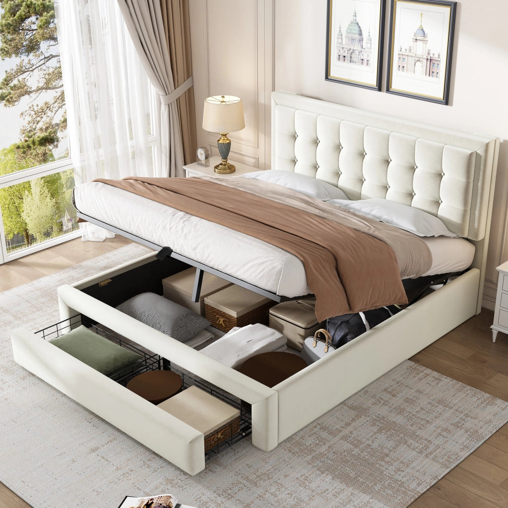 Letto imbottito contenitore in velluto beige con testiera regolabile e 2 cassetti