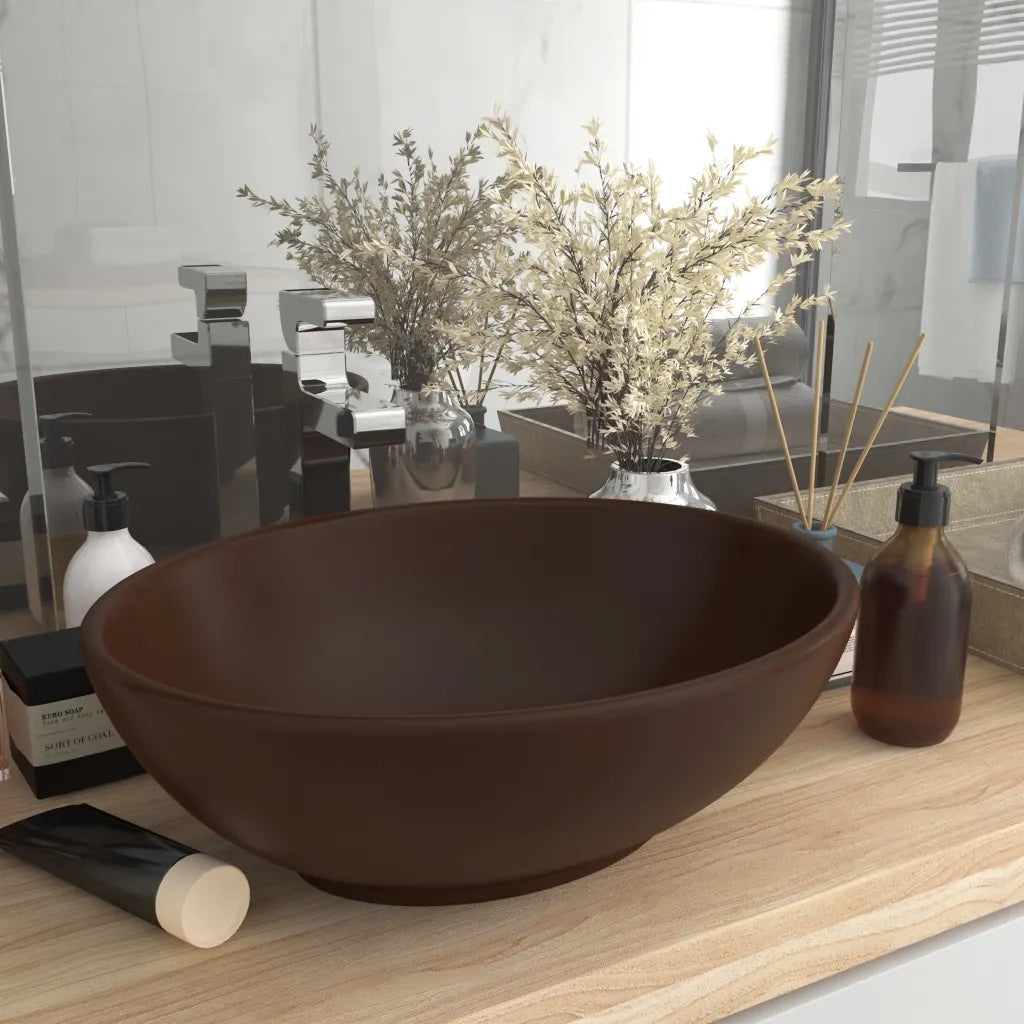 Lavandino Lusso-Lavabo-Lavello Ovale Marrone Scuro Opaco 40x33 cm in Ceramica