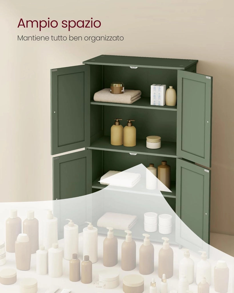 VASAGLE Mobiletto da Bagno, Armadietto con 2 Ripiani Regolabili, Portaoggetti con 4 Ante, Unità Alta Autoportante, per Cucina, Verde Foresta BBC553CH01