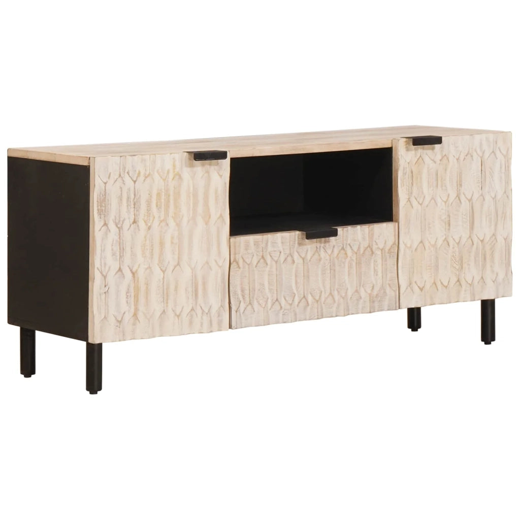 Mobile TV moderno con cassetto e contenitore 105 x 33 x 46 cm legno massello di mango bianco 02_0057766