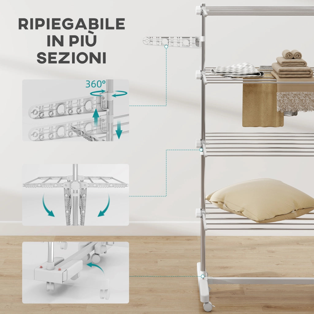 Stendino Verticale Pieghevole ¨C Zephmum ¨C Acciaio e Plastica, 6 Ruote, 4 Ripiani Regolabili, 142x55x172 cm