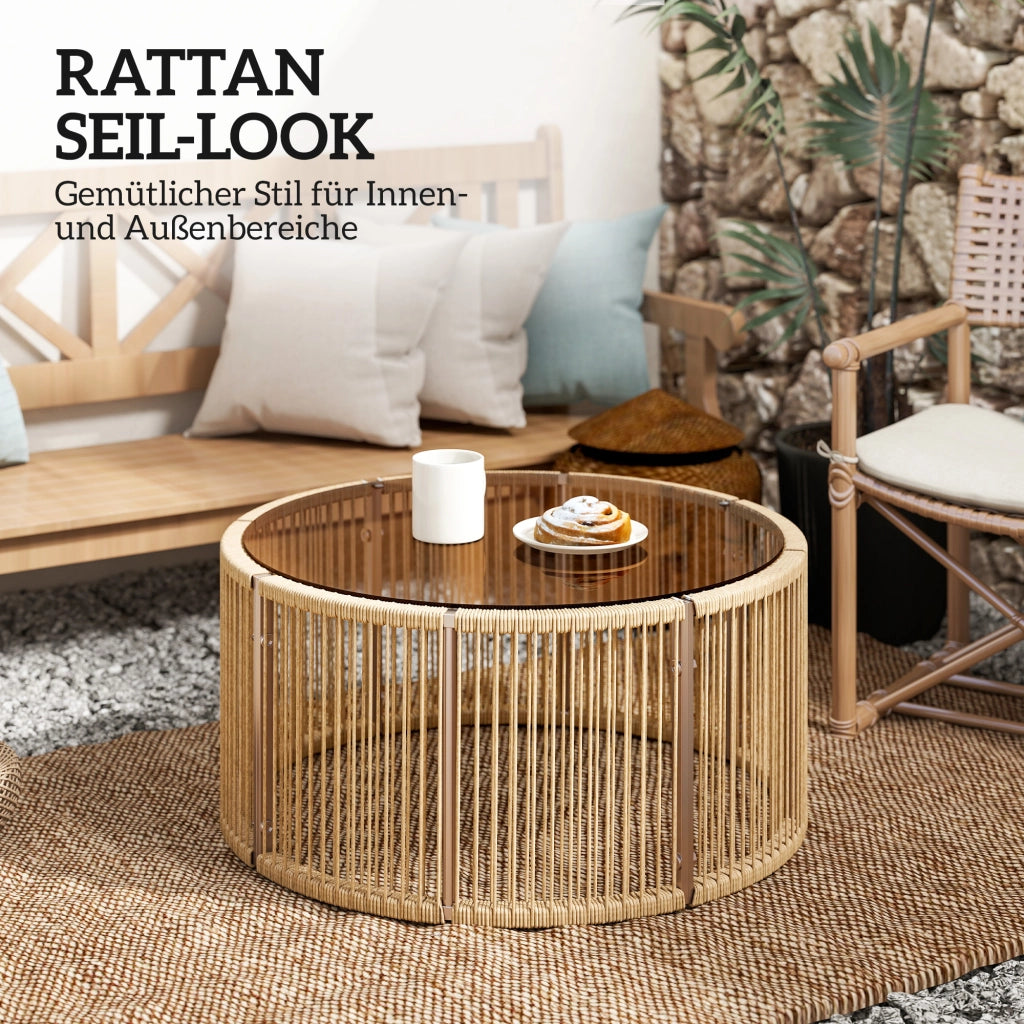 Tavolino da caff¨¨ in polirrattan con piano in vetro temperato ¨C zephmum ¨C marrone 70x70x33 cm