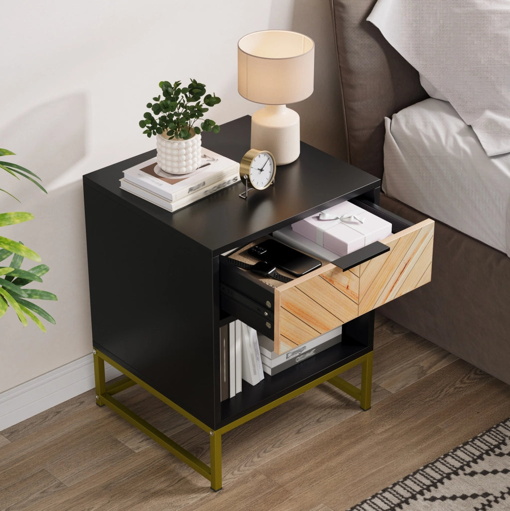 Comodino moderno in MDF con cassetto e ripiano aperto, 43x40x55 cm, colore nero