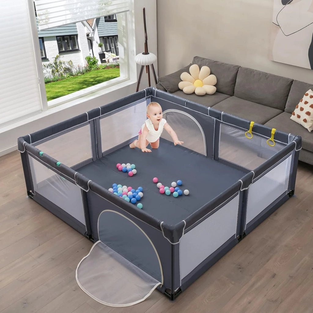 Box Recinto per Bambini, Centro Attività Portatile con Cancelli di Sicurezza, Reti Traspiranti, Ventose Antiscivolo e 4 Anelli per Bambini, con 50 Palline, 206 x 185,5 x 68 cm (Grigio Scuro)