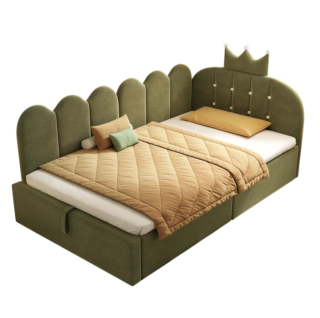 Letto daybed L 90x200 cm in velluto verde con testiera a corona e contenitore