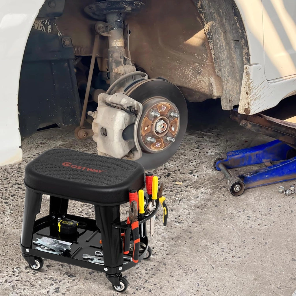 Sgabello da Officina con Ruote Universali e Vassoio Porta Attrezzi, Sgabello Meccanico con Maniglia Porta Utensili, Sedia da Garage con Sedile Rimovibile, Portata di 136 kg, 44 x 27 x 35 cm