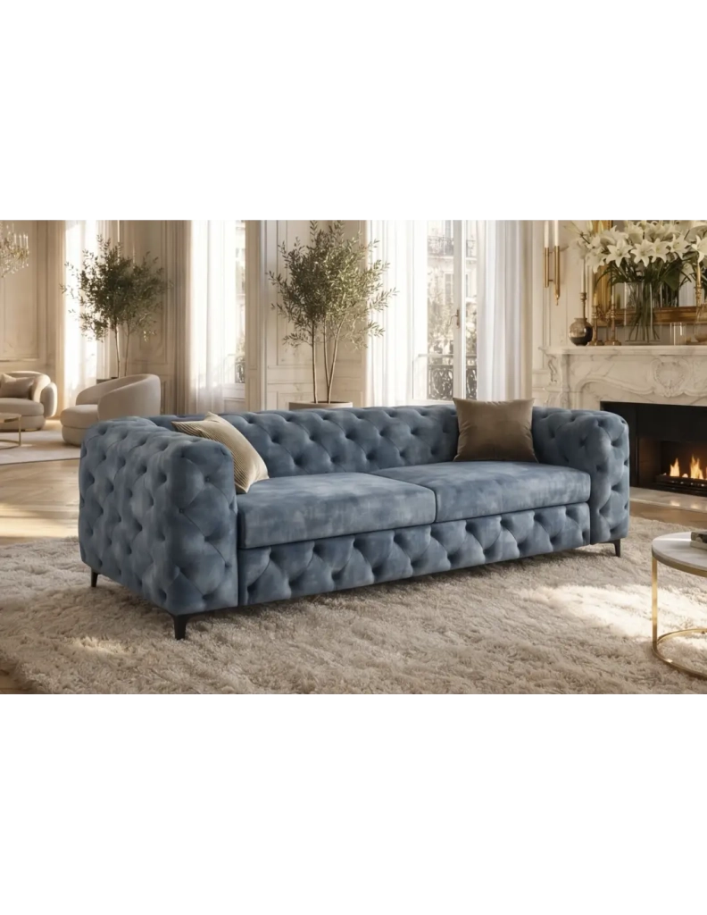 Divano ad angolo VELENA 4 posti con pouf - Velluto blu trapuntato - 235 x 74 x 157 cm