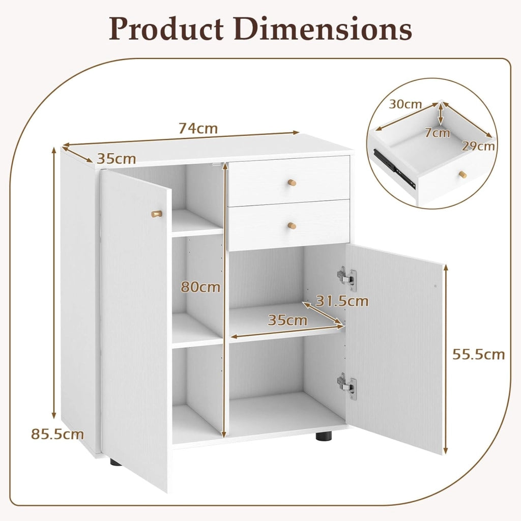 Armadietto da Cucina in Legno con 2 Cassetti e 3 Ripiani Regolabili, Credenza Sala da Pranzo e Soggiorno, 74 x 35 x 85,5 cm