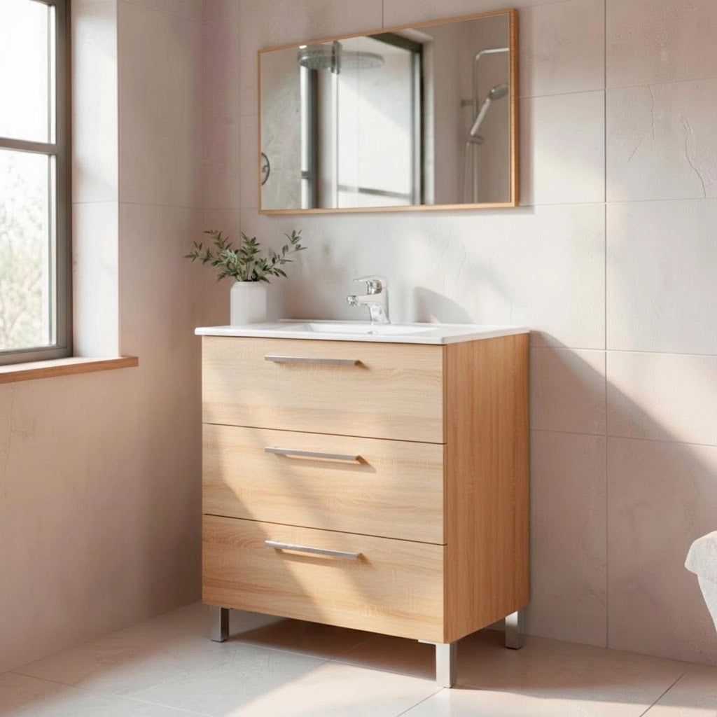 Mobile Bagno A Terra Con 3 Cassetti E Lavabo In Ceramica Con Specchio Incluso Design Moderno Salvaspazio Elegante E Funzionale 77 X 50 Cm 80 X 45 X 86 Cm Rovere Chiaro