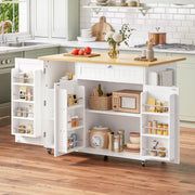 Isola cucina con piano ribaltabile, carrello con cassetto e spazio contenitivo, colore Natural e Bianco