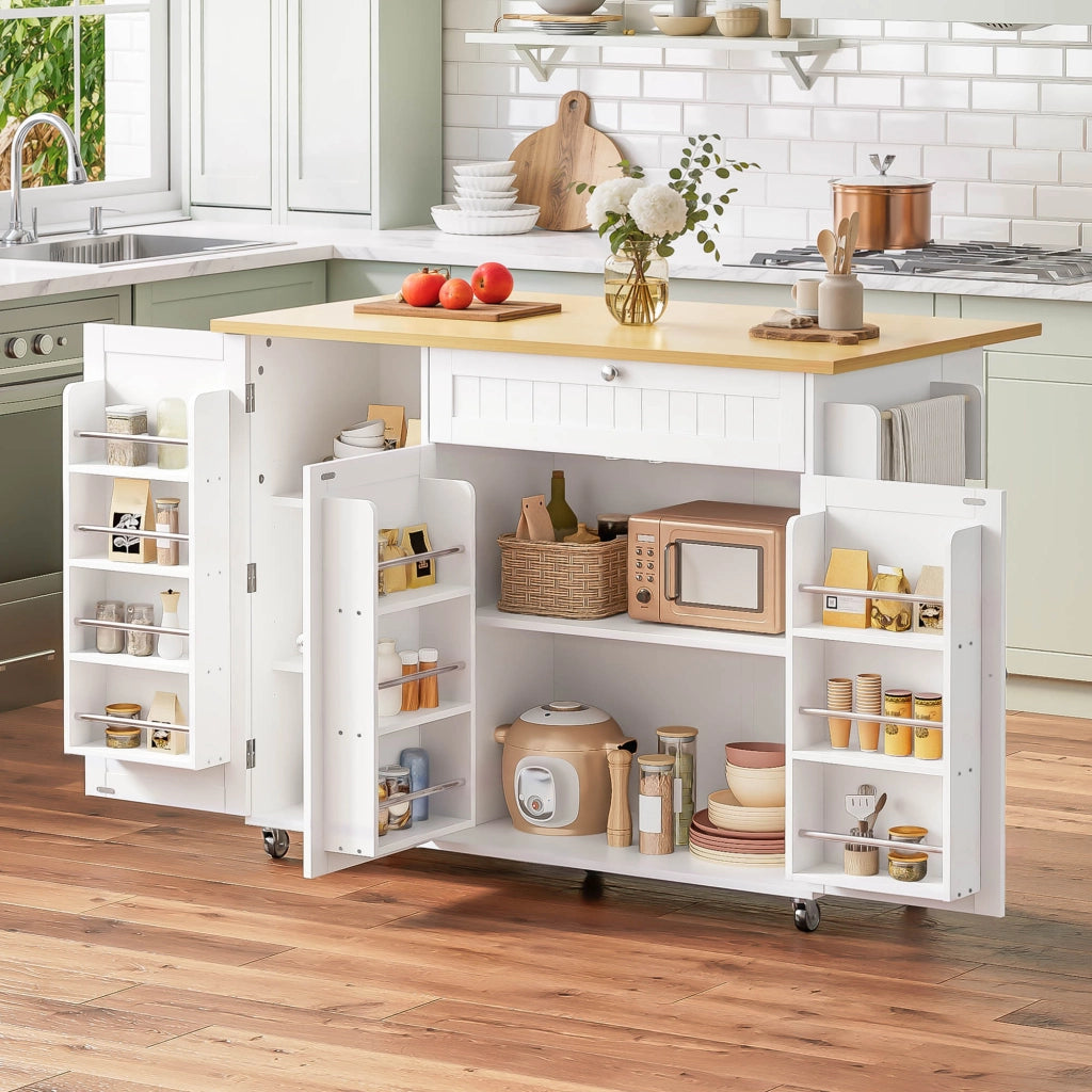 Isola cucina con piano ribaltabile, carrello con cassetto e spazio contenitivo, colore Natural e Bianco
