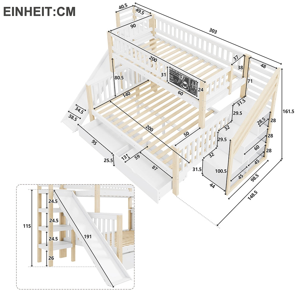 Letto a castello per bambini - Xylo - 140x200 cm e 90x200 cm - Bianco - Multifunzionale con lavagna