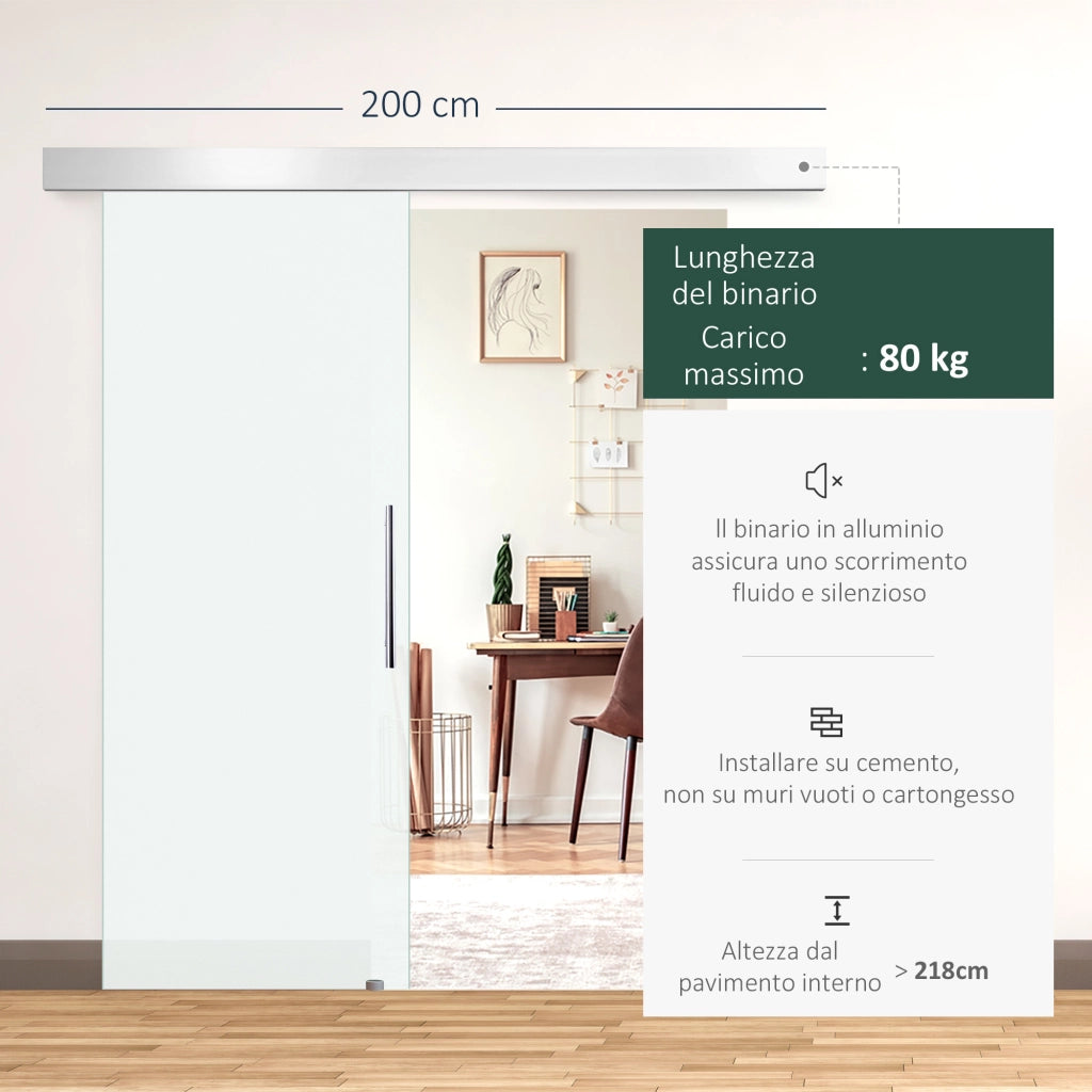 Porta Scorrevole Vetro Smerigliato ¨C Xylo ¨C 205x90cm con Binario e Maniglia per Bagno Cucina