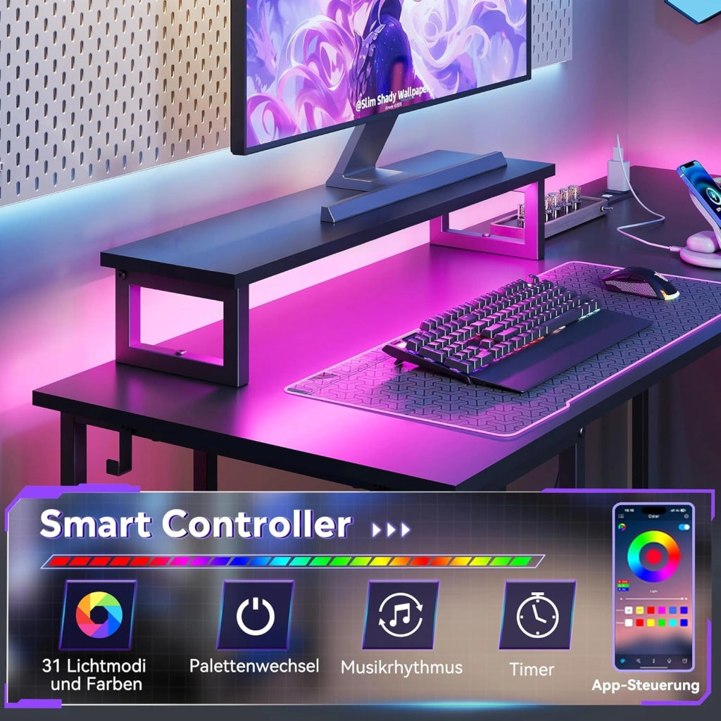 Scrivania da gaming angolare regolabile 2-in-1 ¨C zephmum ¨C 152x118x50 cm, nero, con LED RGB