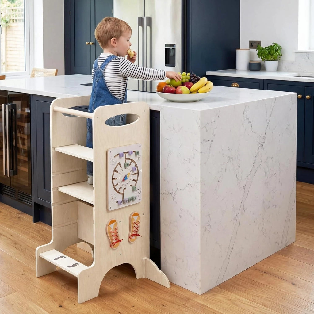 Torre Montessoriana in Legno Bambini, Torre di Apprendimento 3 Altezze Regolabili con Giochi Educativi e Lavagna, Corrimano Sicurezza e Piedini Antiribaltamento, per Cucina e Bagno
