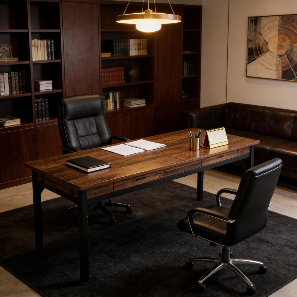 Scrivania lineare per 2 persone con 2 cassetti e 2 ganci stile rustico per ufficio in metallo e legno 200 × 60 × 82 cm