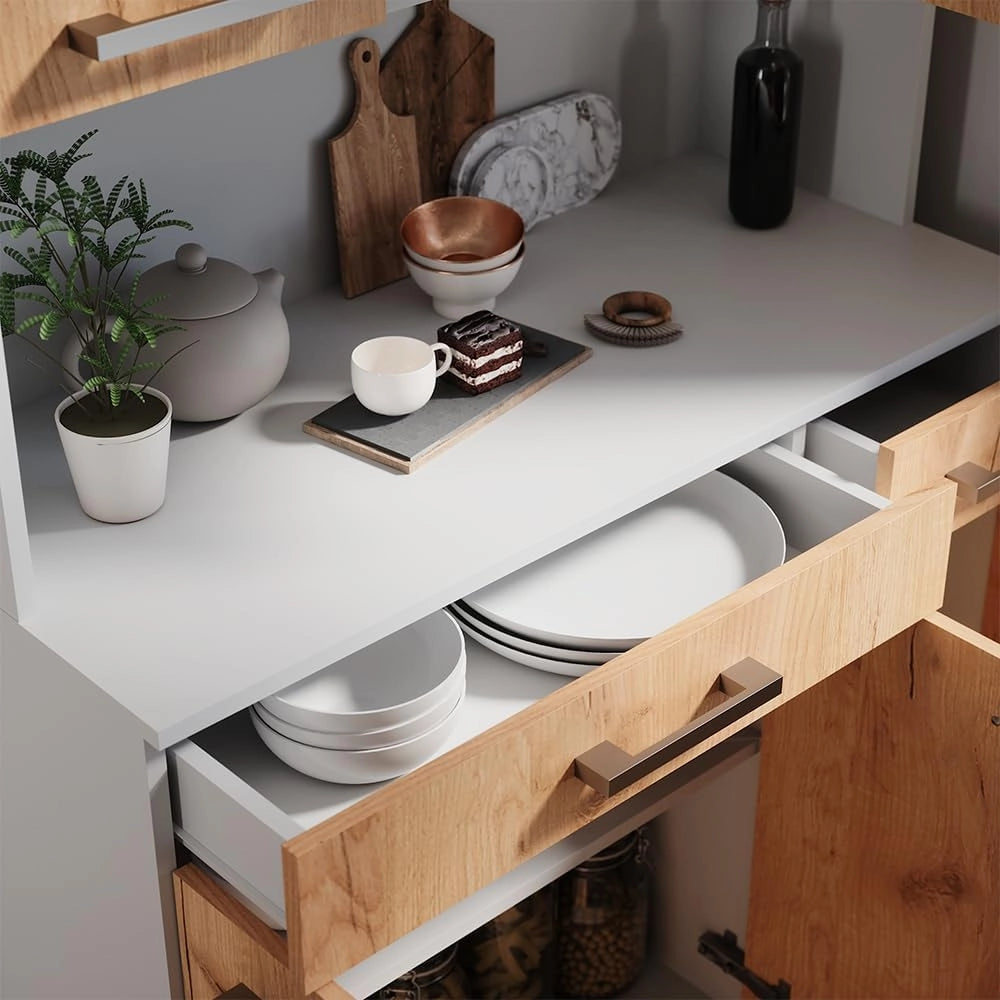 Buffet da cucina Raul, Rovere bianco/dorato, 100.1 x 188.5 cm con 5 porte e 2 cassetti, con ripiano aperto per dispositivi e spazio di archiviazione espandibile
