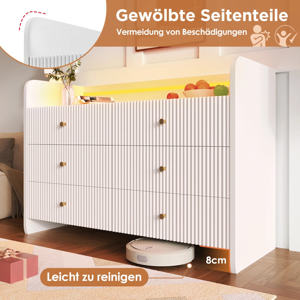 Credenza con 6 Cassetti e LED; Design Scanalato Ondulato; Stile Moderno; in Pannello Truciolare; 120??40??75 cm; Bianco